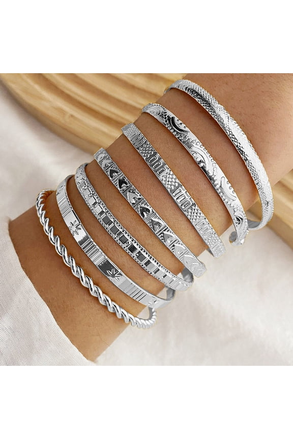 Womens Silver Bracelet Set 7 Bangle Set Boho Fashion Jewelry Adjustable Stackable for Daily Wear Birthday Christmas