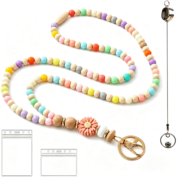 DESIGNICE Wooden Beaded Lanyard for Women-Teacher Nurse Id Badge Holder-Retractable Breakaway Keychain for Keys Cute Lanyard