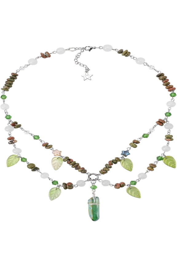 Woodland Necklace-Green Beaded Crystal Necklaces for Women Forest Leaf Layered Charm Choker for Princess Renaissance Cosplay Fantasy Photo Shoot
