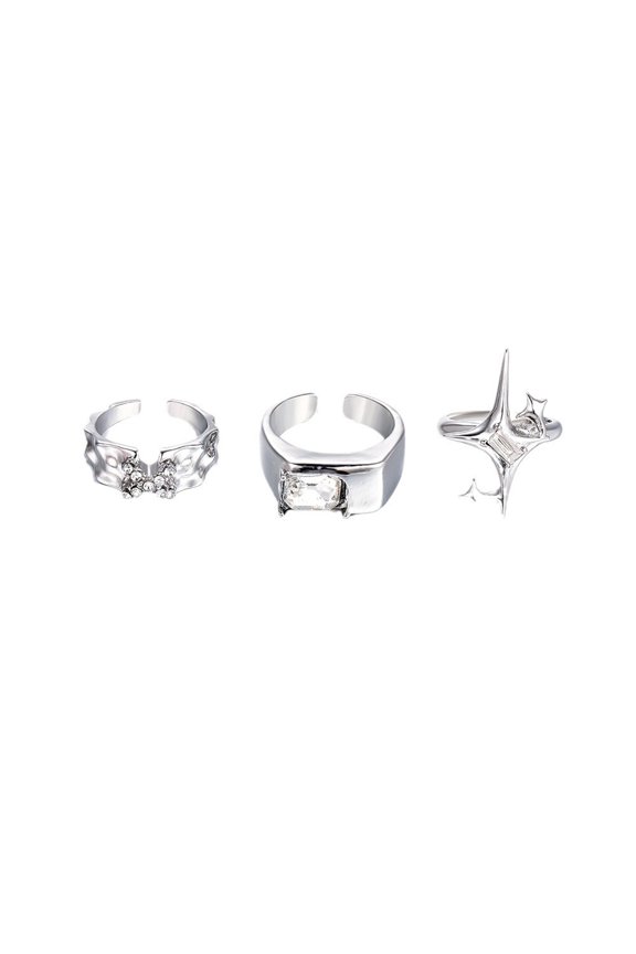 Y2K Rings for Women Black Silver Star Statement Rings Punk Grunge Goth Chunky Rings Adjustable Open Ring Set