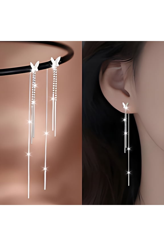 A pair Butterflies Threader Earrings,Silvers Long Chain Thread Earrings,Butterflies Studs Pull Through Earrings,Dangle Tassel Chain Earrings,Line Bead Chain Drop Earrings Jewelry for Women