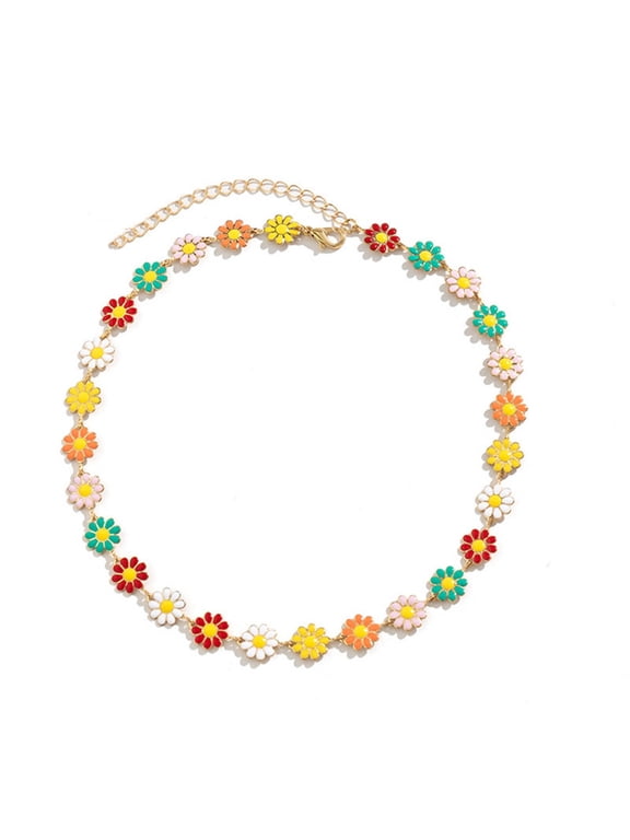 Little Daisy Necklace,Oil Dripping Flowers Drop Oil Necklace,Bohemian Style Multicolor