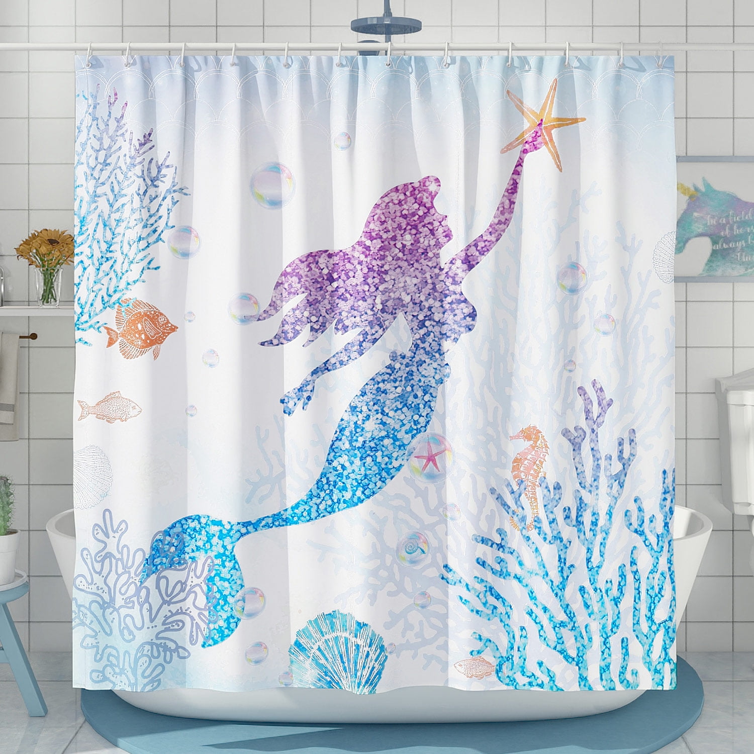 DESIHOM Cute Mermaid Shower Curtain Set, Glitter Fish Scale Girls Kids