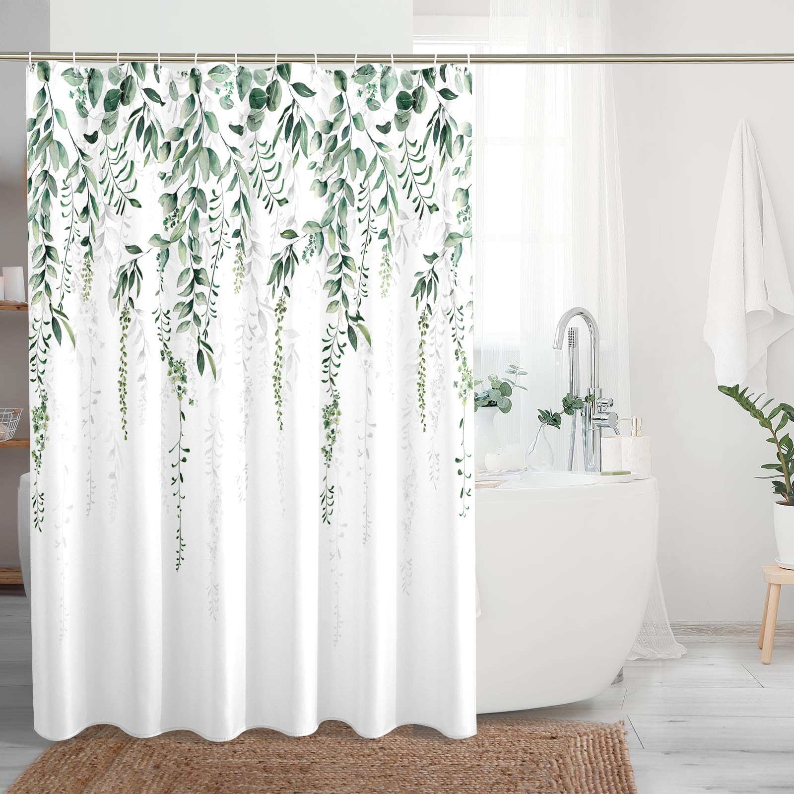 DESIHOM Sage Green Plant Shower Curtain Set, Eucalyptus Leaf Bathroom