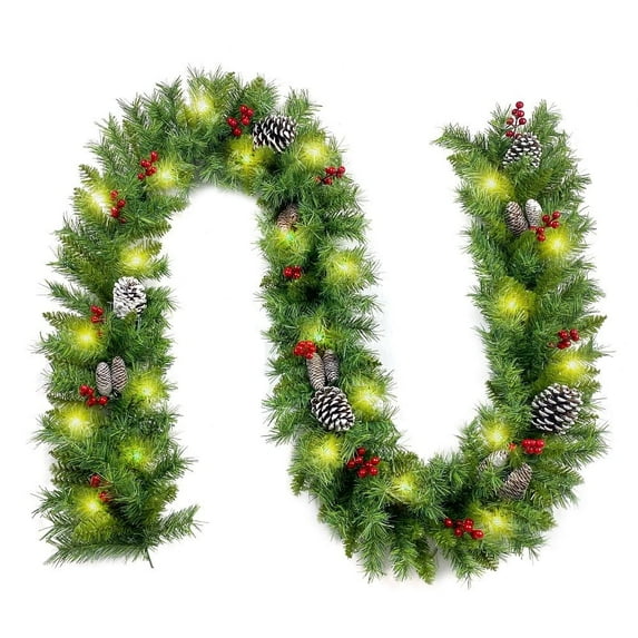 DESIN 9FT Christmas Garland with 50 Waterproof LED Lights, Timer 8 Modes 20 Snowy Pinecones 98 Red Berries Battery Operated Pre-Lit Xmas Garland Christmas Decor for Christmas