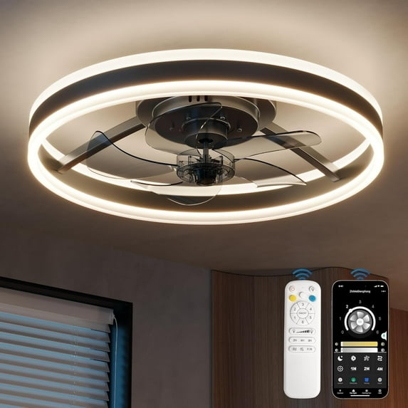 DESINO 20" Ceiling Fan with Light and Remote/APP Control, Modern LED Ceiling Fan Light with 3CCT and 6 Wind Speeds, Low Profile Flush Mount Fan for Bedroom, Dining Room, Black
