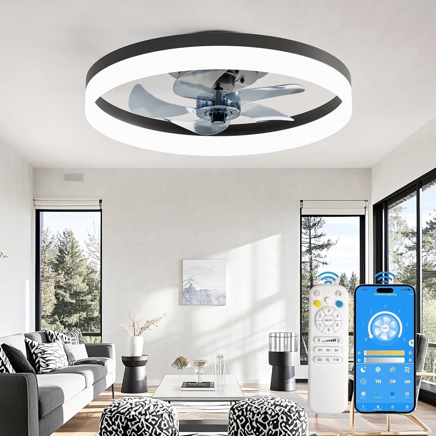 DESINO 20in Ceiling Fan with Light, Black Low Profile Fandelier, Remote & APP Control, Modern Flush Mount LED Fan Light with 3CCT and 6 Wind Speeds, Smart Ceiling Fan for Living Room Bedroom Kitchen