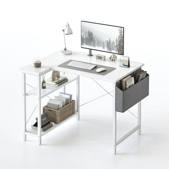 DESINO 40 Inch L-Shaped Computer Desk with Storage Shelves Home Office Corner Desk Study Writing Table, White