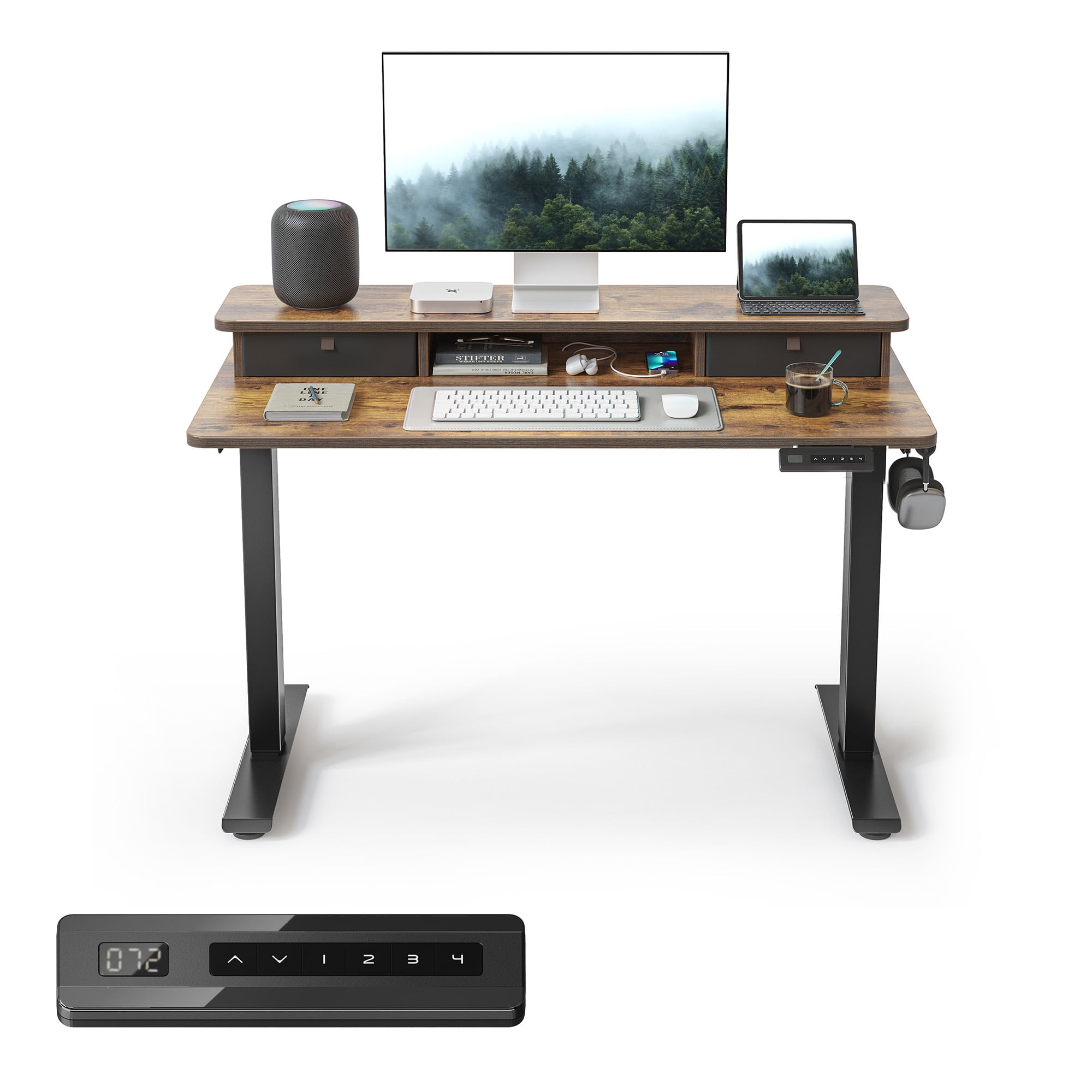 DESINO 40" x 24" Height Adjustable Electric Standing Desk with Double Drawers, Stand Up Desk with Storage Shelf, Home Office Desk Workstation with Splice Board, Rustic Brown