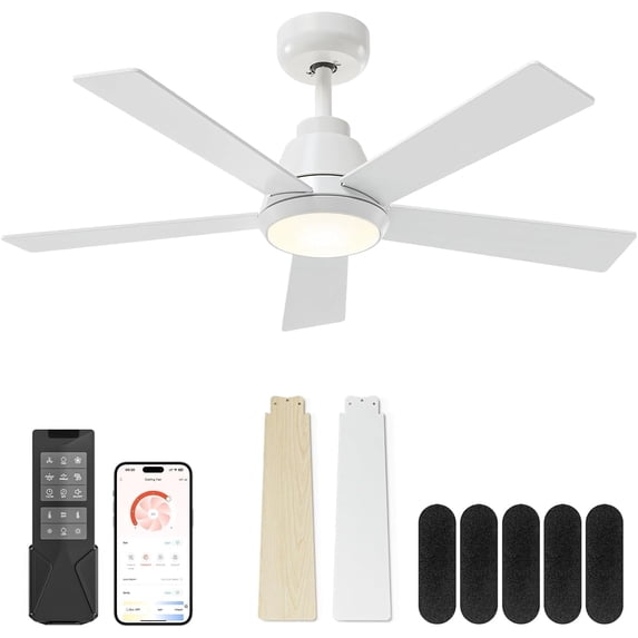DESINO 42" Ceiling Fans with Lights and Remote/APP Control, 6-Speed, 5 Blades, Quiet, Modern Ceiling Fan for Indoor Bedroom, Living Room, Kitchen, White
