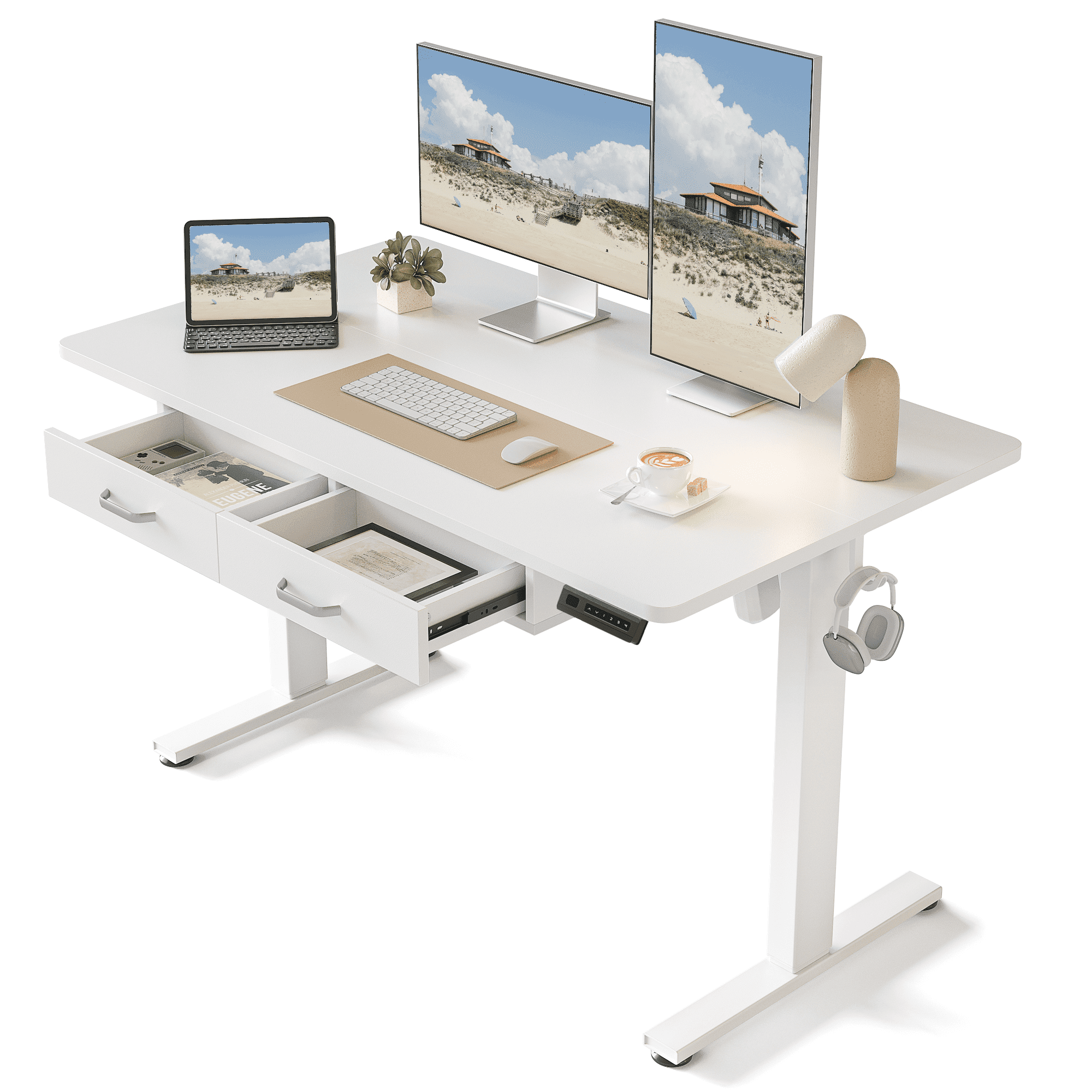 DESINO 48" × 24" Adjustable Height Electric Standing Desk with Double Drawer, Stand Up Home Office Desk with Splice Tabletop, White Frame/White Top - Walmart.com