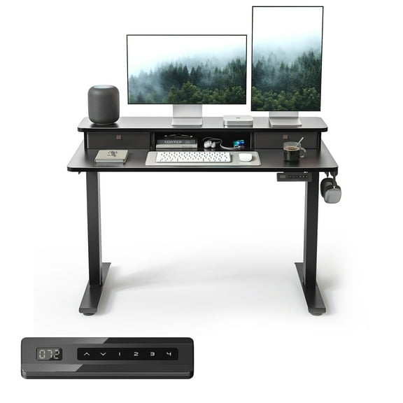 DESINO 48" x 24" Height Adjustable Electric Standing Desk with Double Drawers, Stand Up Desk with Storage Shelf, Home Office Desk Workstation with Splice Board, Black