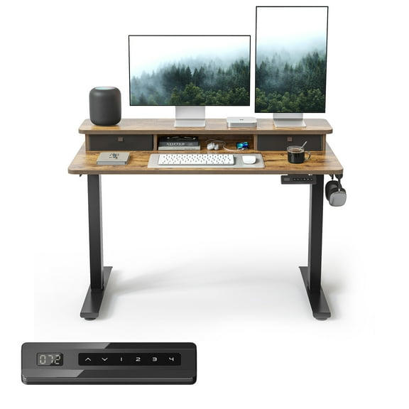 DESINO 48" x 24" Height Adjustable Electric Standing Desk with Double Drawers, Stand Up Desk with Storage Shelf, Home Office Desk Workstation with Splice Board, Rustic Brown