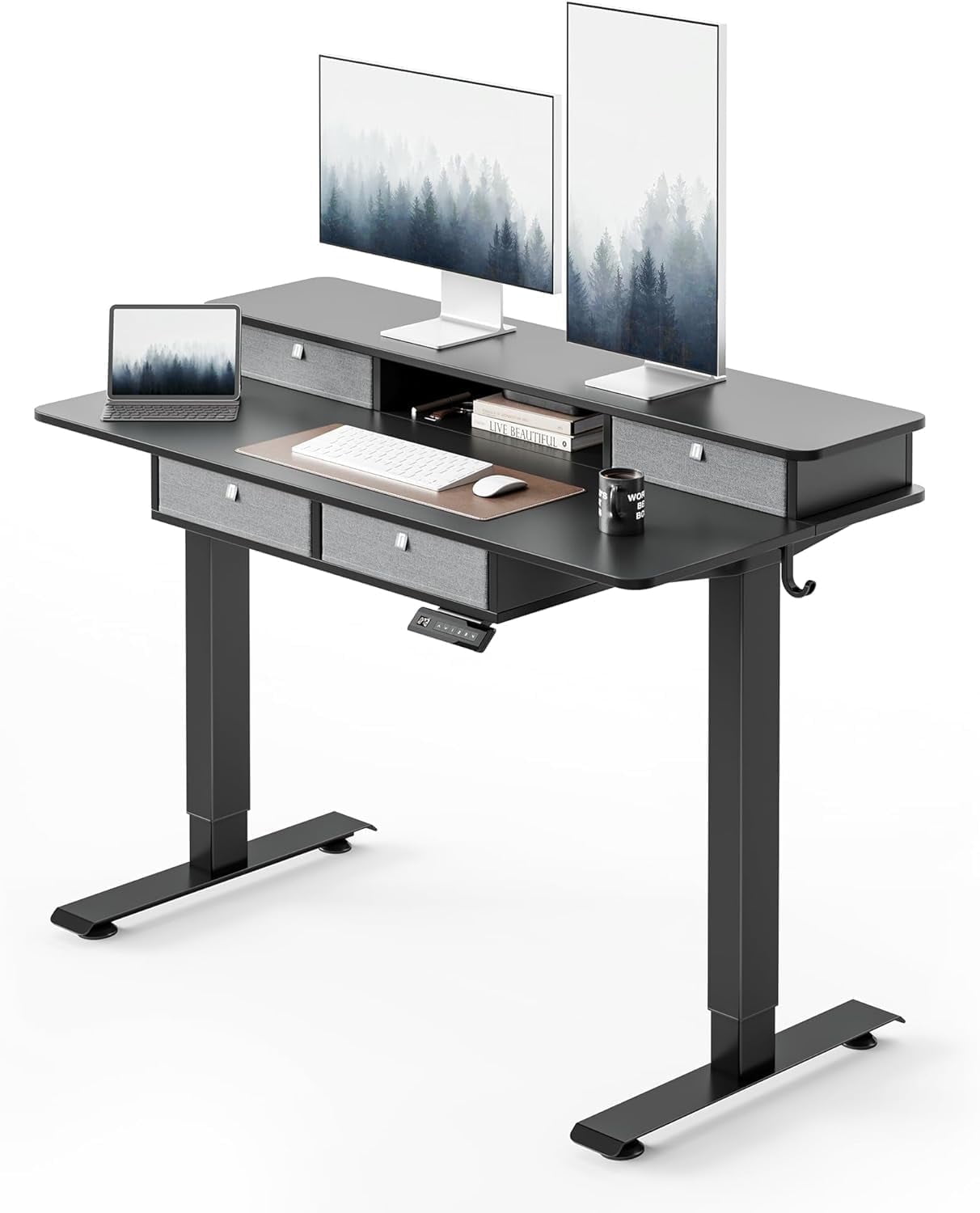 DESINO 48 x 24 Inch Height Adjustable Electric Standing Desk with Drawers, Stand Up Table with Large Storage Shelf, Sit Stand Desk for Home Office, Black