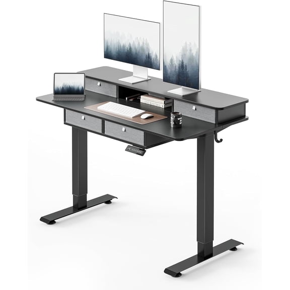 DESINO 48 x 24 Inch Height Adjustable Electric Standing Desk with Drawers, Stand Up Table with Large Storage Shelf, Sit Stand Desk for Home Office, Black