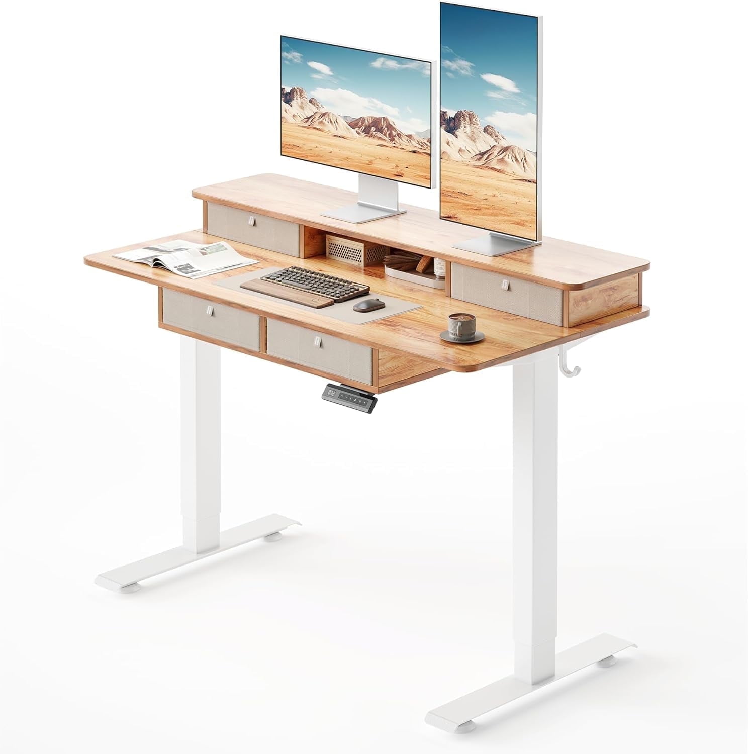 DESINO 48 x 24 Inch Height Adjustable Electric Standing Desk with Drawers, Stand Up Table with Large Storage Shelf, Sit Stand Desk for Home Office, Light Rustic Brown