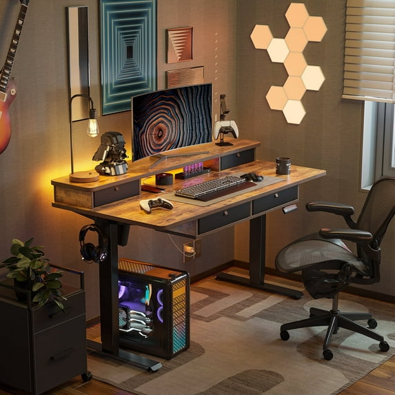 DESINO 48 x 24 Inch Height Adjustable Electric Standing Desk with Drawers, Stand Up Table with Large Storage Shelf, Sit Stand Desk for Home Office, Rustic Brown