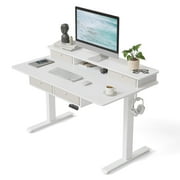 DESINO 48 x 24 Inch Height Adjustable Electric Standing Desk with Drawers, Stand Up Table with Large Storage Shelf, Sit Stand Desk for Home Office, White