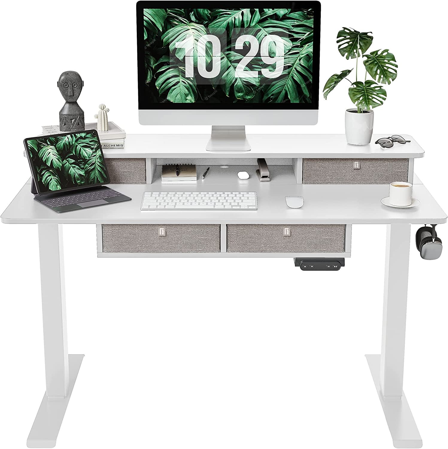 DESINO 48 x 24 Inch Height Adjustable Electric Standing Desk with Drawers, Stand Up Table with Large Storage Shelf, Sit Stand Desk for Home Office, White
