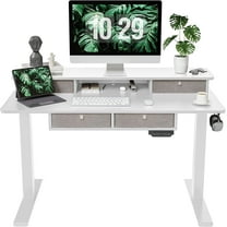 DESINO 48 x 24 Inch Height Adjustable Electric Standing Desk with Drawers, Stand Up Table with Large Storage Shelf, Sit Stand Desk for Home Office, White