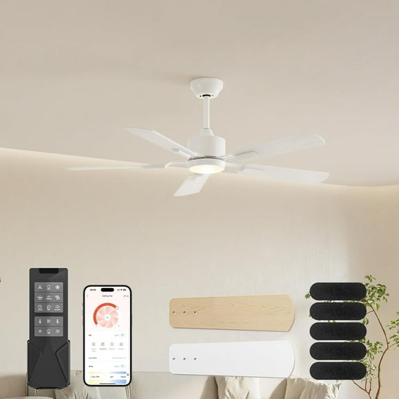 DESINO 52 Inch Ceiling Fan with Light and Remote/APP, 6-Speed, 5 Reversible Blades, Dimmable, Super Quiet, White