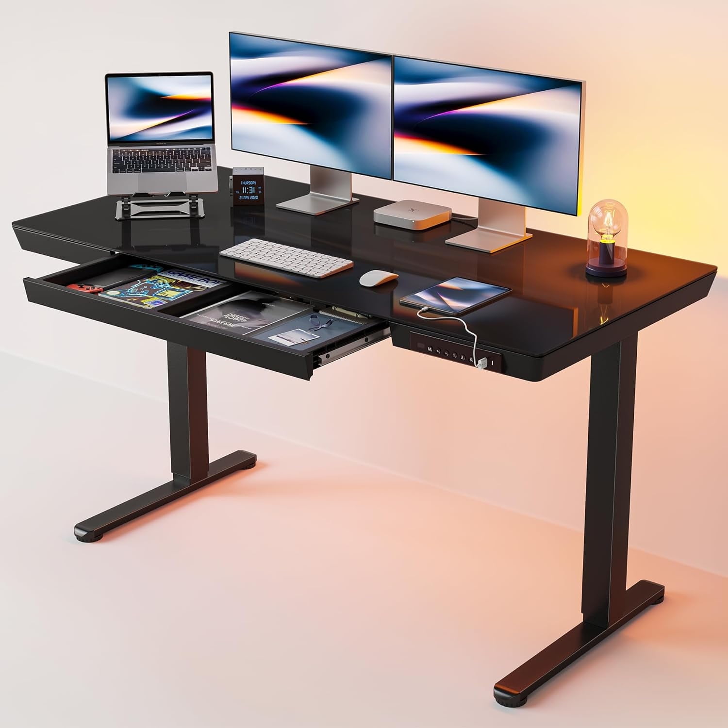 DESINO 55" Electric Standing Desk with Drawers, Whole-Piece Glass Adjustable Height Desk, One-Piece Adjustable Sit Stand Desk with USB Charge Ports, Black