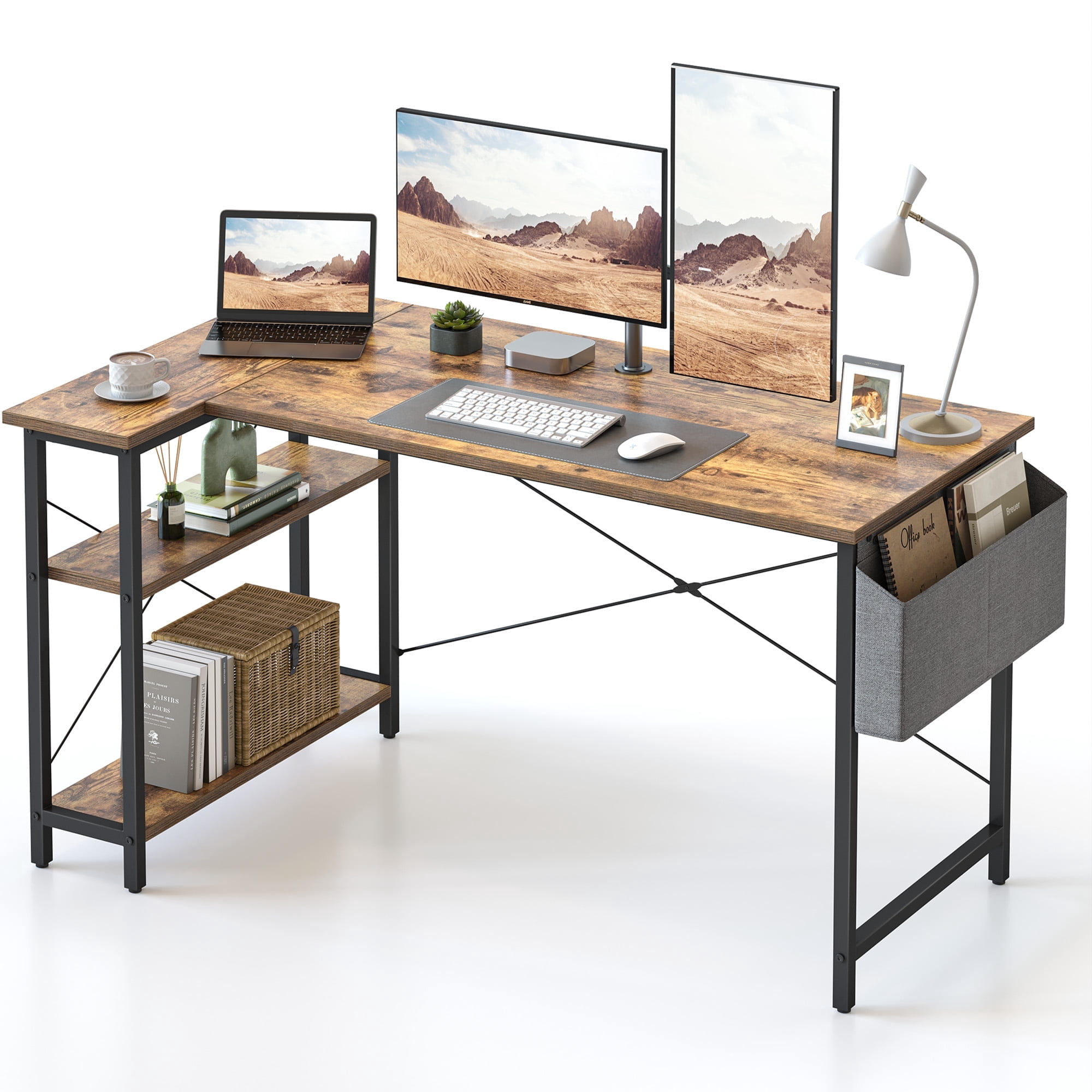 DESINO 55 Inch L-Shaped Computer Desk with Storage Shelves Home Office Corner Desk Study Writing Table, Rustic Brown