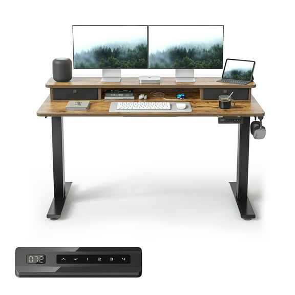DESINO 55" x 24" Height Adjustable Electric Standing Desk with Double Drawers, Stand Up Desk with Storage Shelf, Home Office Desk Workstation with Splice Board, Rustic Brown