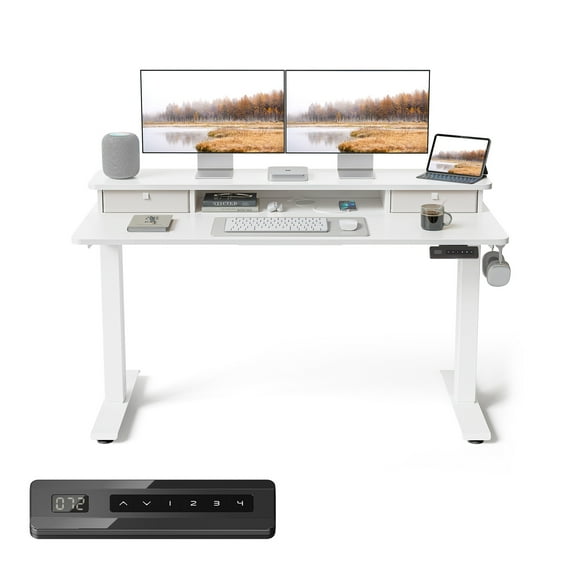 DESINO 55" x 24" Height Adjustable Electric Standing Desk with Double Drawers, Stand Up Desk with Storage Shelf, Home Office Desk Workstation with Splice Board, White