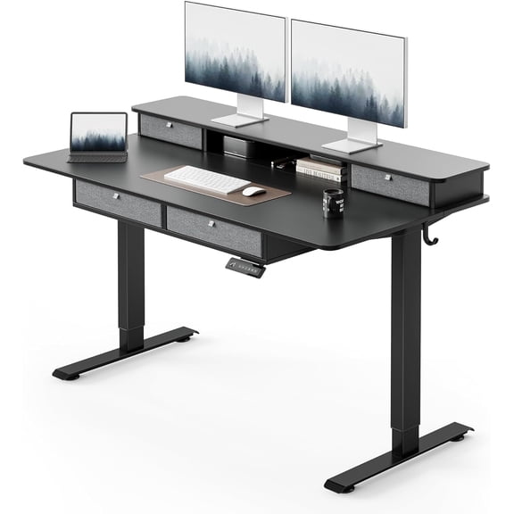 DESINO 55 x 30 Inch Height Adjustable Electric Standing Desk with Drawers, Stand Up Table with Large Storage Shelf, Sit Stand Desk for Home Office, Black