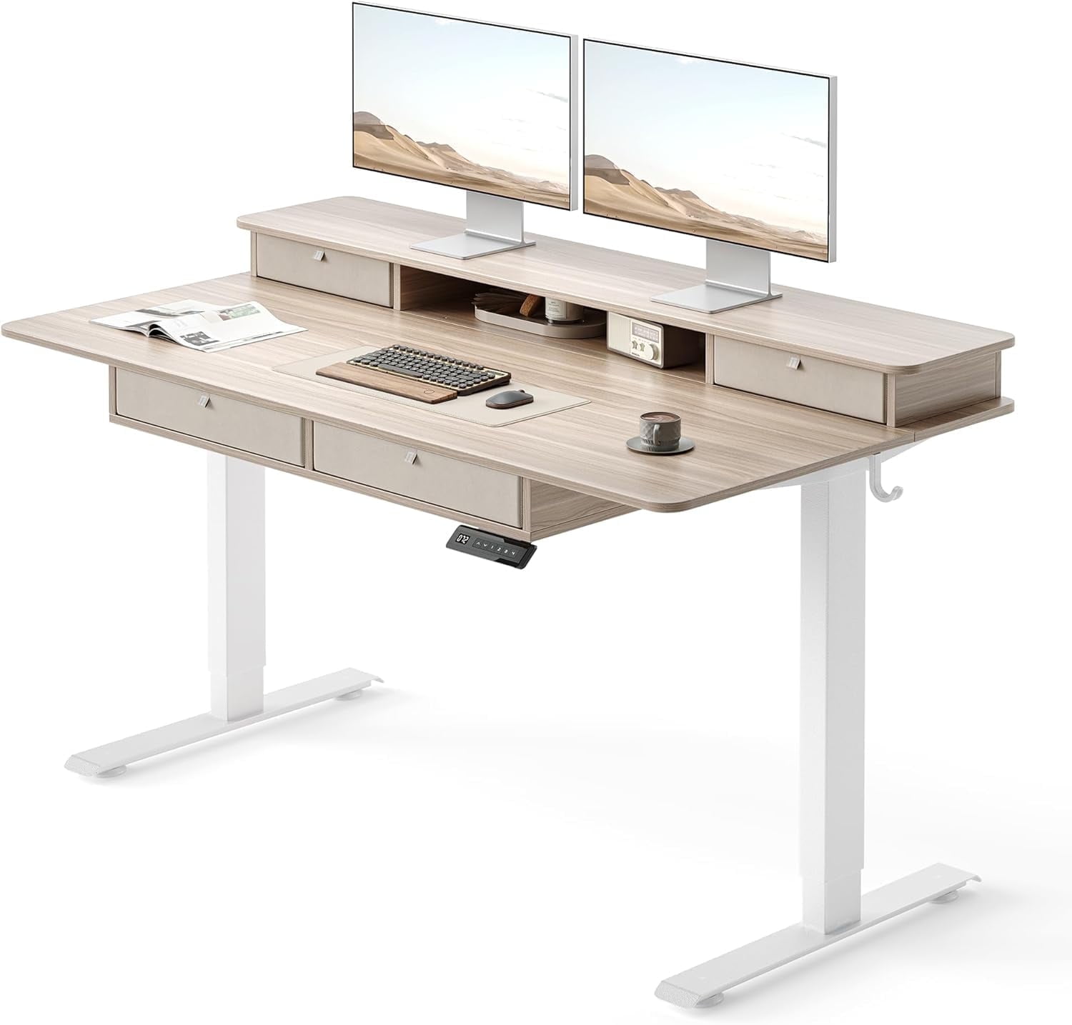 DESINO 55 x 30 Inch Height Adjustable Electric Standing Desk with Drawers, Stand Up Table with Large Storage Shelf, Sit Stand Desk for Home Office, Light Rustic Brown