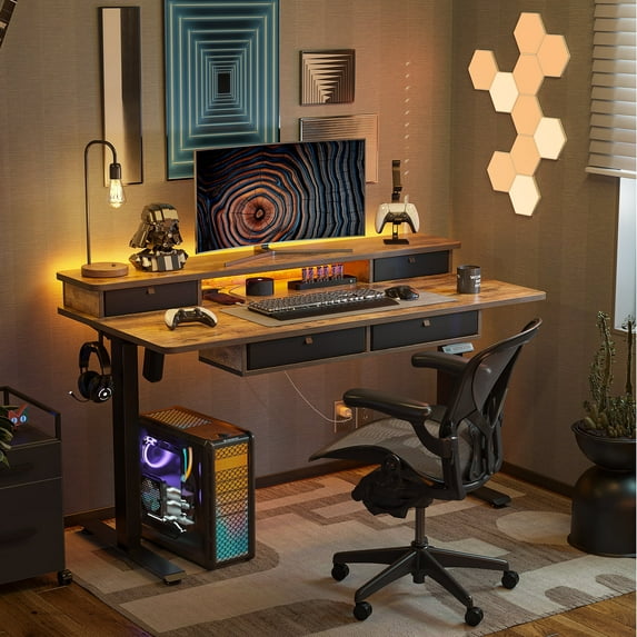 DESINO 55 x 30 Inch Height Adjustable Electric Standing Desk with Drawers, Stand Up Table with Large Storage Shelf, Sit Stand Desk for Home Office, Rustic Brown