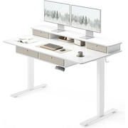 DESINO 55 x 30 Inch Height Adjustable Electric Standing Desk with Drawers, Stand Up Table with Large Storage Shelf, Sit Stand Desk for Home Office, White
