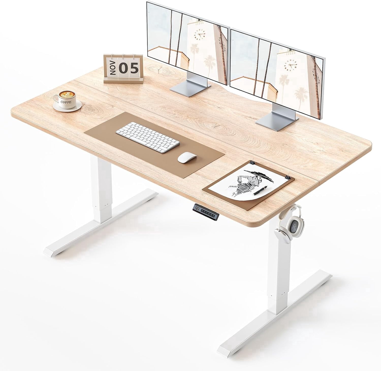 DESINO 55" x 28" Electric Standing Desk, Extra-Deep 28" Desktop Height Adjustable Stand Up Desk with 4 Memory Preset Buttons, Ergonomic Sit-Stand Office Desk, Maple