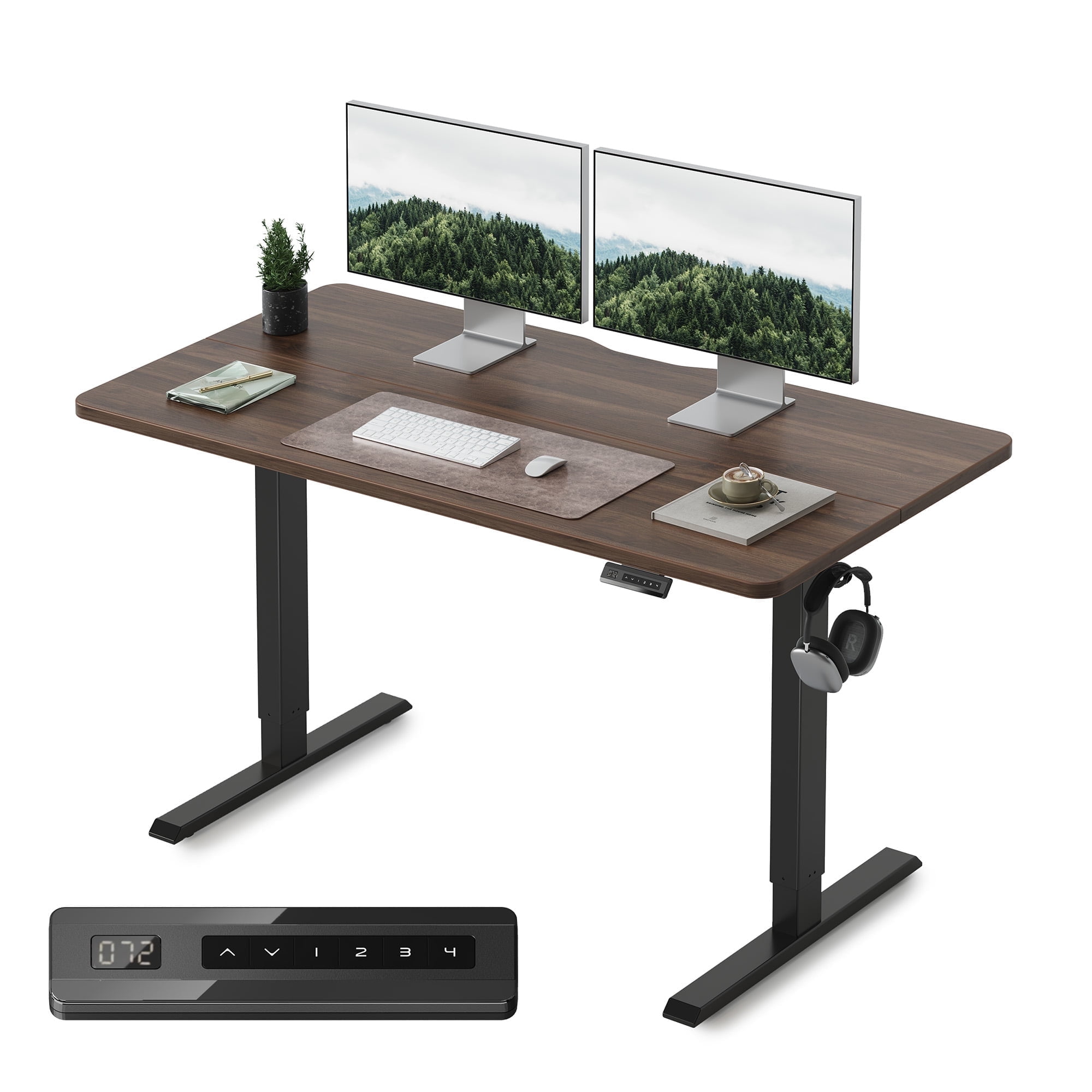 DESINO 55x24 inch Electric Standing Desk, Height Adjustable Sit Stand Desk with Memory Presets, Ergonomic Home Office Computer Desk with Anti-Collision, Black Walnut
