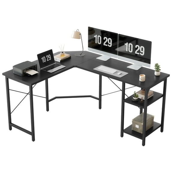 DESINO 59.1 Inch L Shaped Computer Desk, Gaming Table with adjustable Shelves, Home Office Desk for Writing Gaming Study Reversible, Black