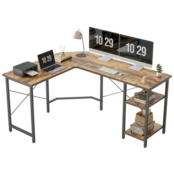 DESINO 59.1 Inch L Shaped Computer Desk, Gaming Table with adjustable Shelves, Home Office Desk for Writing Gaming Study Reversible, Rustic Brown
