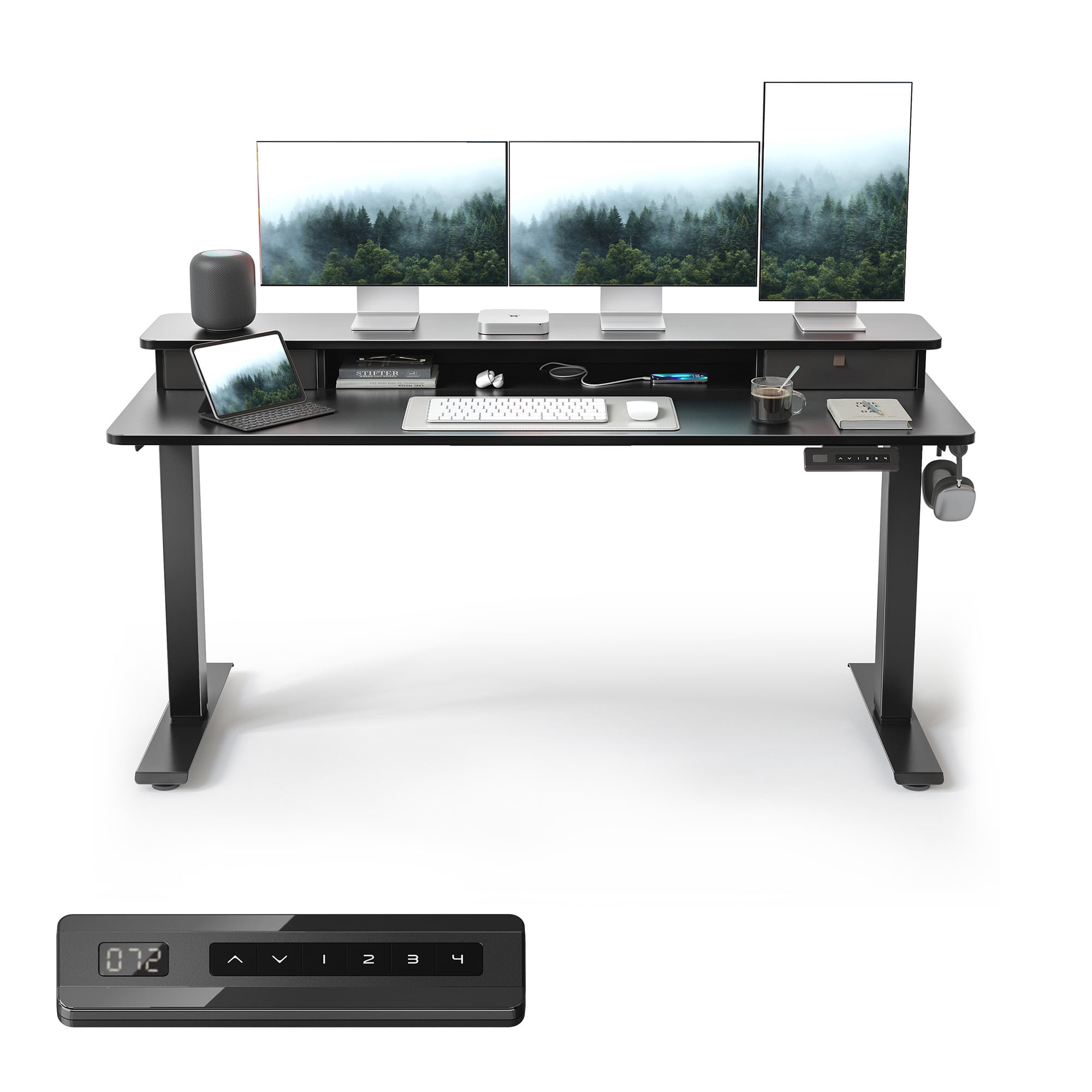 DESINO 63" x 28" Height Adjustable Electric Standing Desk with Double Drawers, Stand Up Desk with Storage Shelf, Home Office Desk Workstation with Splice Board, Black