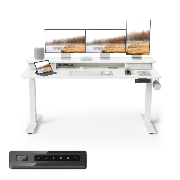 DESINO 63" x 28" Height Adjustable Electric Standing Desk with Double Drawers, Stand Up Desk with Storage Shelf, Home Office Desk Workstation with Splice Board, White