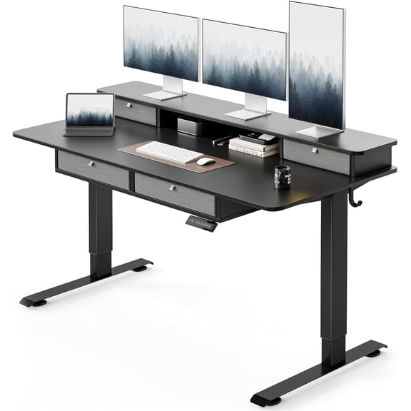 DESINO 63 x 30 Inch Height Adjustable Electric Standing Desk with Drawers, Stand Up Table with Large Storage Shelf, Sit Stand Desk for Home Office, Black