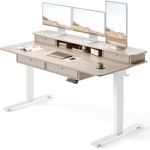 DESINO 63 x 30 Inch Height Adjustable Electric Standing Desk with Drawers, Stand Up Table with Large Storage Shelf, Sit Stand Desk for Home Office, Light Rustic Brown