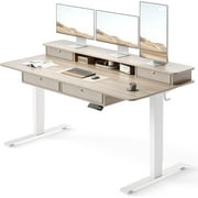DESINO 63 x 30 Inch Height Adjustable Electric Standing Desk with Drawers, Stand Up Table with Large Storage Shelf, Sit Stand Desk for Home Office, Light Rustic Brown