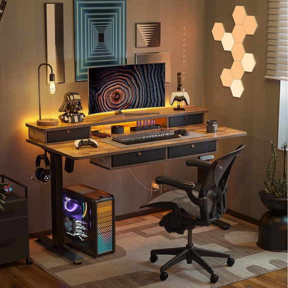 DESINO 63 x 30 Inch Height Adjustable Electric Standing Desk with Drawers, Stand Up Table with Large Storage Shelf, Sit Stand Desk for Home Office, Rustic Brown
