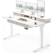 DESINO 63 x 30 Inch Height Adjustable Electric Standing Desk with Drawers, Stand Up Table with Large Storage Shelf, Sit Stand Desk for Home Office, White