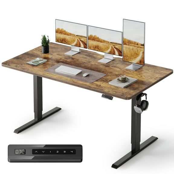 DESINO 63x28 inch Electric Standing Desk, Height Adjustable Sit Stand Desk with Memory Presets, Ergonomic Home Office Computer Desk with Anti-Collision, Rustic Brown
