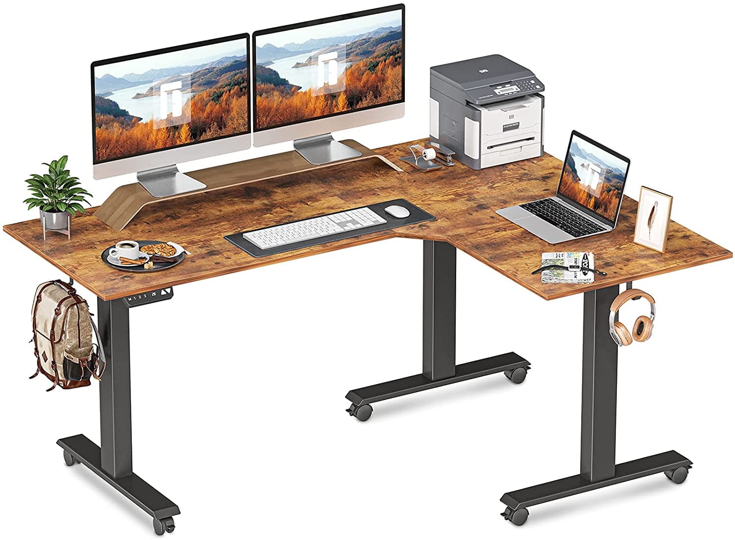 DESINO 63x48 Inch Triple Motor L Shaped Standing Desk Reversible, Electric Height Adjustable Corner Stand up Desk, Sit Stand Desk Computer Workstation, Black Frame/Rustic Brown Top