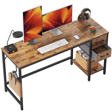 DESINO Computer Desk with Drawers, 55 Inch Study Writing Table, Modern Simple Style PC Desk for Bedroom, Gaming, Rustic Brown