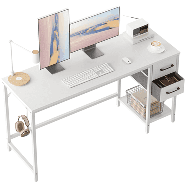 DESINO Computer Desk with Drawers, 55 Inch Study Writing Table, Modern Simple Style PC Desk for Bedroom, Gaming, White