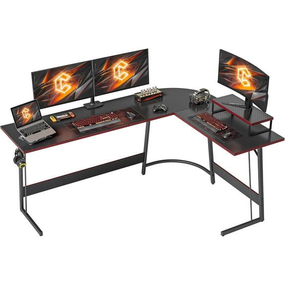 Cubicubi L-Shaped Desk, 67 Inches Gaming Desk, Corner Computer Desk with Removable Monitor Stand, Writing Workstation, Black Carbon Fiber