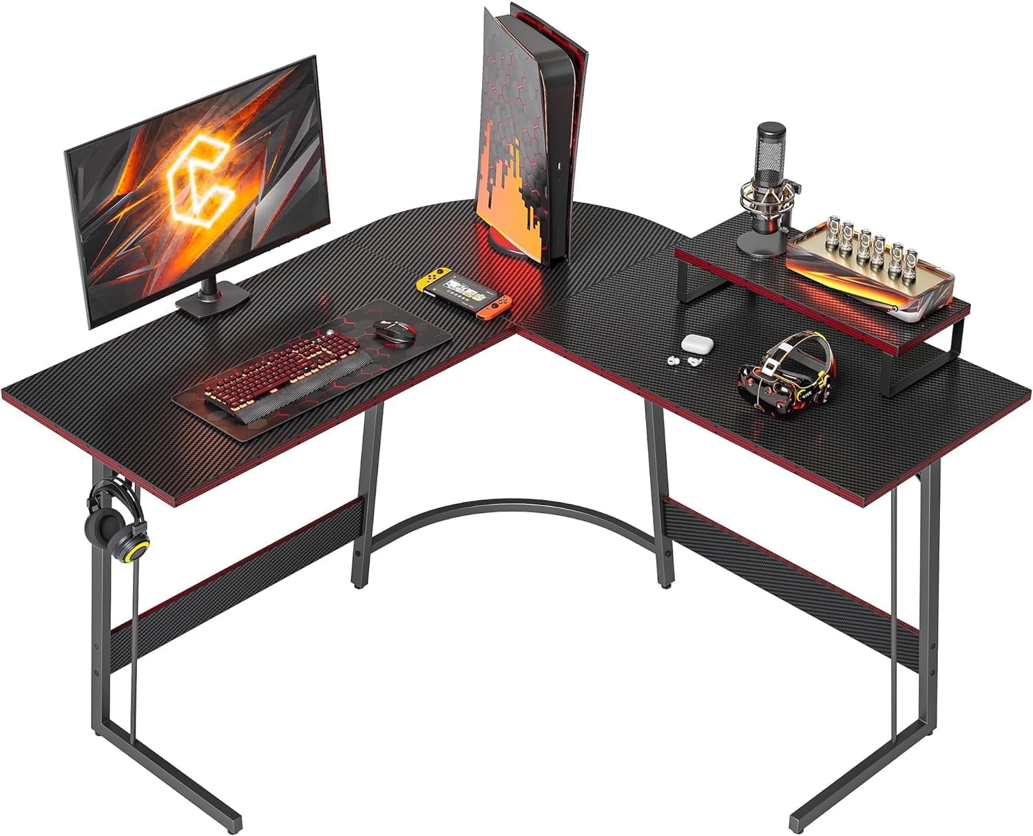 DESINO L Shaped Desk Corner Computer Desk with Monitor Stand 47 Gaming Desk Black Carbon Fiber